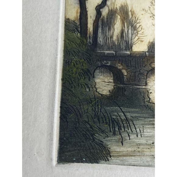 Henri Huguet Hand-Colored Etching Aquatint Village Bridge Tower Signed #rd 20thC - Picture 2 of 6